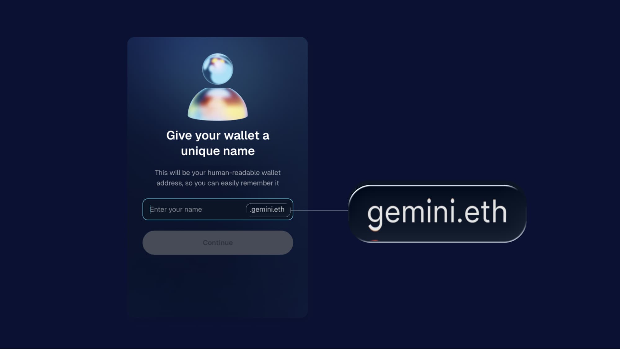 Screenshot: Wallet UX, claiming a unique gemini.eth subname